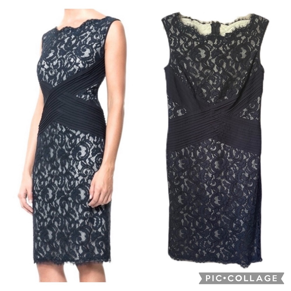 Tadashi Shoji lace dress with pintuck jersey waist size 8 in navy/ivory sheath